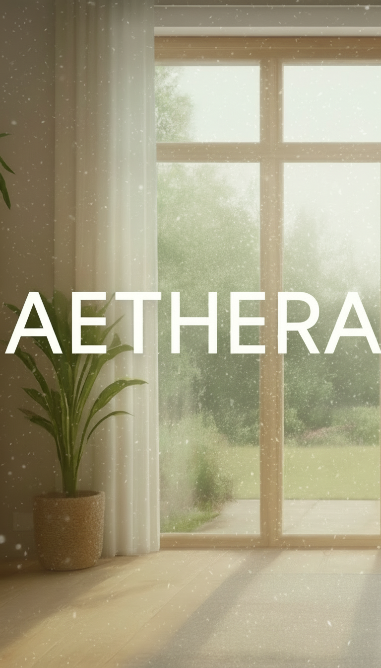 Aethera home and wellbeing brand advertisement with a modern interior setting.